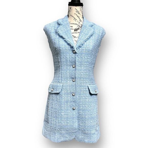 Maeve Anthropologie 2 Light Blue Tweed Sleeveless Mini Dress Blazer Parisian - Picture 2 of 7